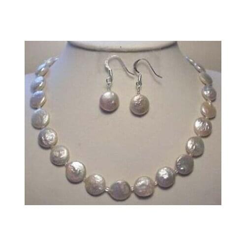 Natural 12MM white coin pearl necklace earring set