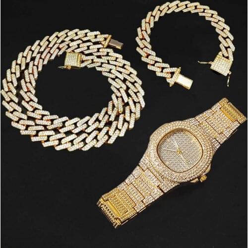 Necklace Watch Bracelet Bling Iced Out Miami Zircon Cuban Link Chain Prong Pave Rhinestone Men Bracelet Necklace for Men Jewelry