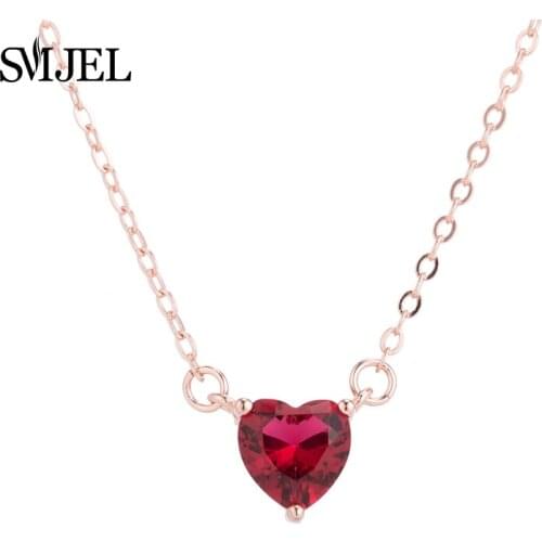 SMJEL Korean Necklace Tiny Red Stone Heart Necklaces Crystal Heart Chain Simple Clavicle Temperament Jewelry Birthday Gifts