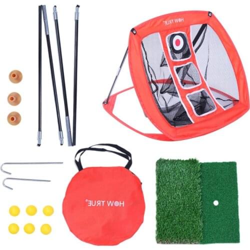 Golf Practice Chipping Net Set Portable Foldable Target Net Support Pole+Square Net+​Turf​+PU Ball+​Tee+​Hook+Bag for Go