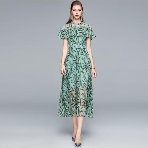 BLLOCUE Women Printed Dress Female 2020 Summer Slim Ruffled High Waist Chiffon Leisure Fashion Party Long Dresses