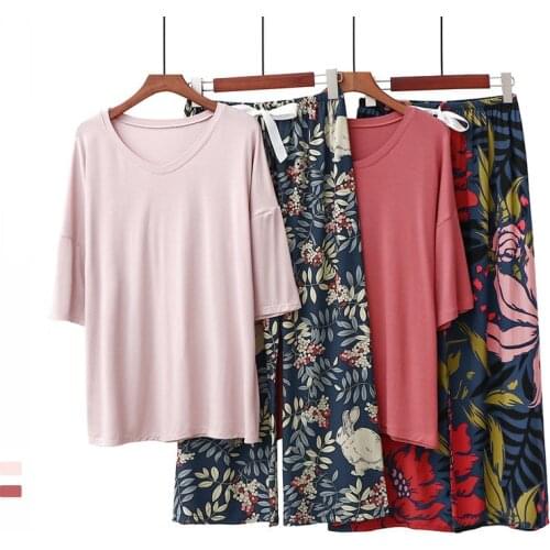 Casual Print Womens Pajamas Set Summer Loose Homewear Cotton Sleepwear Suit Modal Soft Pijamas Female Nightwear Pyjama Femme