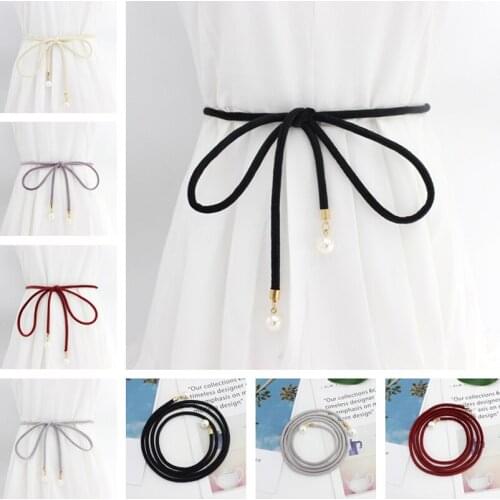 Women Belt Luxury Waist Chain Hemp Rope Braided Big Pearl Dress Belt Casual Thin Belt For Dress Candy Color Women Candy Color
