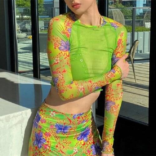 Sexy Mesh See Through Crop Tops Long Sleeve Printed Round Neck Slim Chic Trendy Wild Perspective Exposed Navel T-Shirt