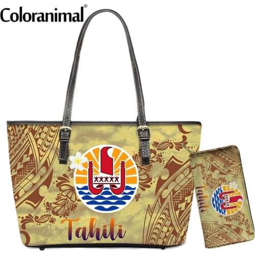 Coloranimal Fashion Tahiti Polynesian Plumeria Printing Women PU Shoulder Bag 2Pcs/Set Handbag With Purse Big Tote Bolsa 2021