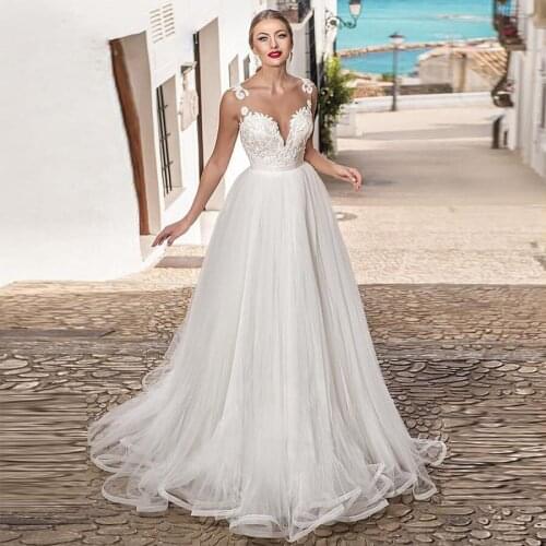 Appliques White Illusion O-Neck A-Line Wedding Dress Floor Length Tulle Design Bridal Dresses Custom Made Robe De Mariage
