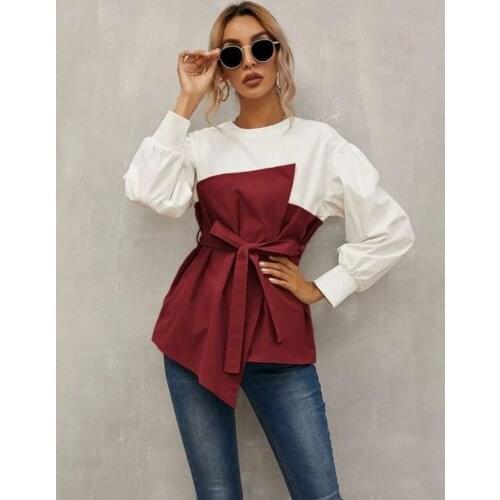 Spring and Autumn New round Neck Solid Color Stitching Loose European and American Pullover Lantern Sleeve Shirt with Belt