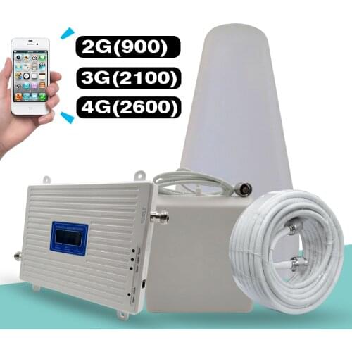 2G 3G 4G Tri Band Signal Booster GSM 900+(B1)WCDMA 2100+(B7)FDD LTE 2600 Cellphone Signal Repeater Mobile Cellular Amplifier Kit