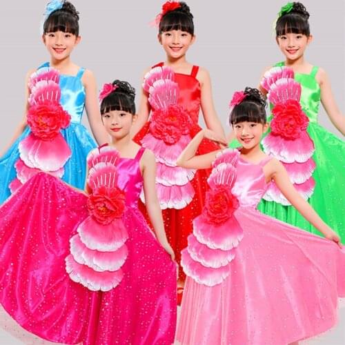 Gypsy Girls Spanish Bullfight Flamenco Skirts Belly Dance Dresses For Kids Girls Long Robe Flamenco Peony Petal Costumes DL5148