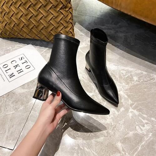 Luxury Women Retro Ankle Boots Slip on Pointed Toe Genuine Leather Handmade Autumn Winter Boots High Heels Boots Woman Plus Size