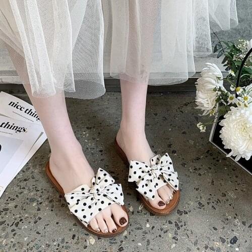 2021 Summer Non-Slip Womens Linen Slippers Bowknot Linen Slippers Women Japanese Cute Wave Point Home Indoor Shoes