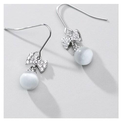 925 Sterling Silver Opal Round Ball Crystal Bowknot Charm Stud Earrings For Women Girls Wedding Party Jewelry Pendientes eh045