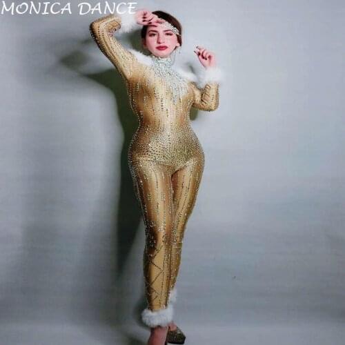 Women Sparkly Rhinestones Feathers Skinny Jumpsuit Bar Party Female Leotard European Style Luxury Clothing Singer Stage Costume