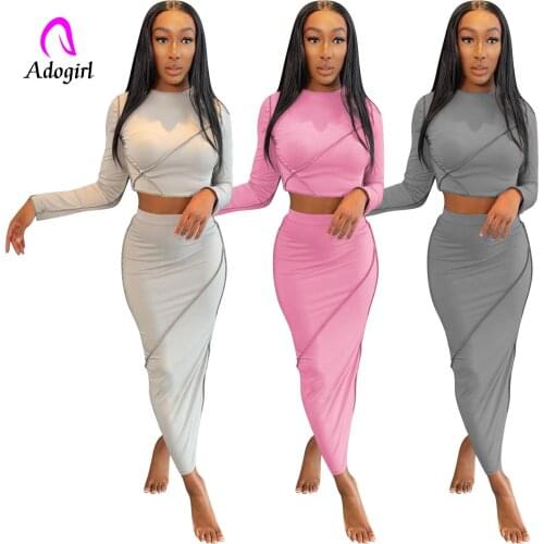 Fitness Women 2 Piece Set Solid Long Sleeve Crop Top + Bodycon Skirt Matching Set 2021 Autumn Activewear Sexy Club Party Outfits