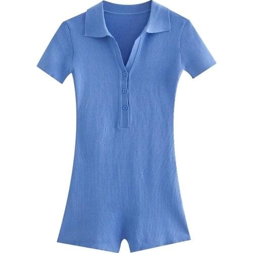 MESTTRAF Women 2021 Fashion POLO Collar Ribbed Knit Playsuits Vintage Short Sleeve Slim Female Jumpsuits Streetwear