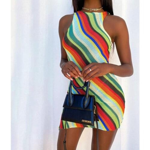 Women Colorful Striped Dress Rainbow O-neck Sleeveless Mini Dress Fashion Slim Splicing Irregular Hem Summer Holiday Dress