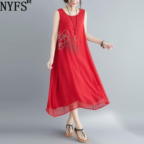 NYFS 2021 New Summer dress Vintage embroidered Nylon Long Dress Sleeveless large Size loose Woman Dresses Vestidos Robe Elbise