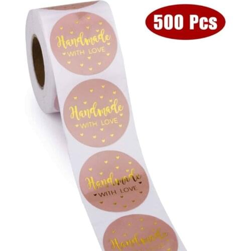 500pcs/roll Handmade with Love Stickers with Gold Foil Round Seal Labels Handmade Scrapbooking