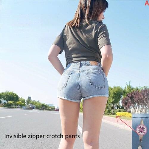 Open Crotch Pants Full Zipper Pants Womens Tights Invisible Open Range Shorts Jeans Hot Pants Outdoor Dating Convenience Sexy