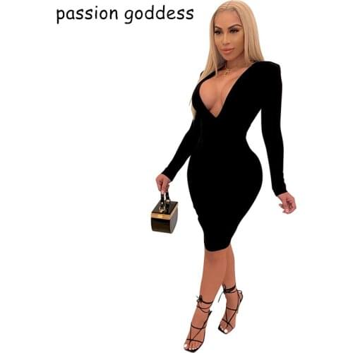 Black White Women Sexy Long Sleeve Deep V Neck Bodycon Knee Length Party Nightclub Dress Spring Summer Fashion Ladies Vestidos