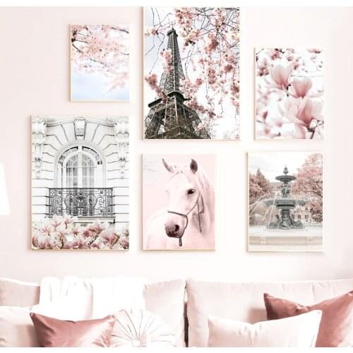 Flower Paris Quote Line Pink Cherry Wall Art Canvas Painting Nordic Posters And Prints Wall Pictures For Living Room Vogue Decor