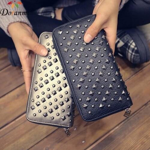 DORANMI Punk Style Rivet Long Purse Women/Men Wallet Multi-function Wallets Bag Phone Holder Card Clip Purses NPJ078