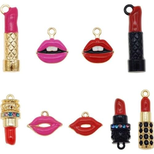 Julie Wang 9PCS Enamel Makeup Charms Mixed Women Lip Lipstick Alloy Gold Tone Necklace Bracelet Jewelry Making Accessory