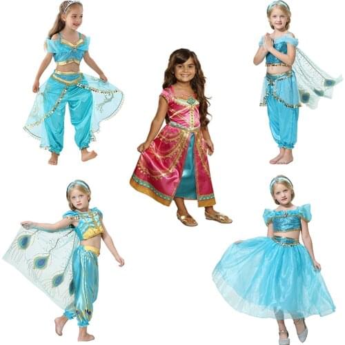 Lovely Aladdin Jasmine Princess Halloween Princess Kids Girls Clothes Sets Cosplay Costume Party Outfits 3-8Y