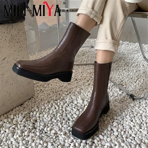 MILI-MIYA Fashion Square Toe Women Cow Leather Ankle Boots Solid Color Thick Heels Zipper Winter Shoes Size 34-39 Handmade