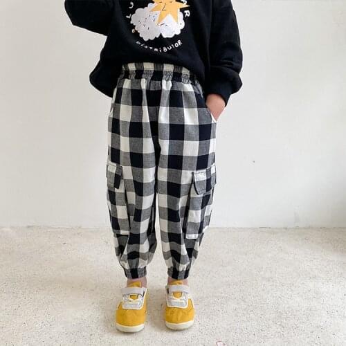 Boys fashion spring plaid cargo pants Korean style kids side big pocket loose trousers 1-7Y