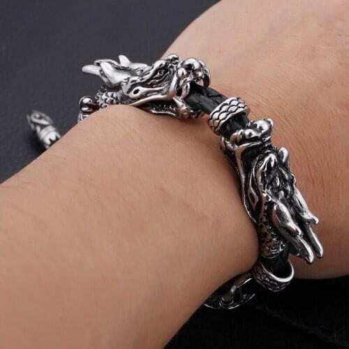 Vintage Trend Stainless Steel Braid Double Dragon Bracelet Titanium Steel Mens Bracelet