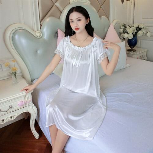White Lounge Sleep Shirt Women Satin Nightgown Nighties Sleepwear Long Loose Silk Nightwear Sleep Wear NegligeeLingerie Dress