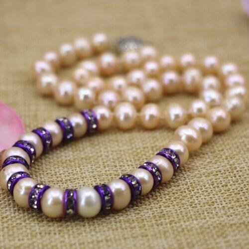 Orange 9-10mm natural nearround pearl beads chain necklace women purple spacer crystal high grade choker jewelry 18inch B3112