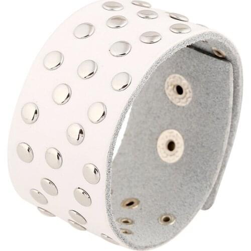 Handmade Gypsy Hippie Young Punk Wide White Leather Wrap Round Rivet Button Adjustable Unisex Bracelet Bangle for Man