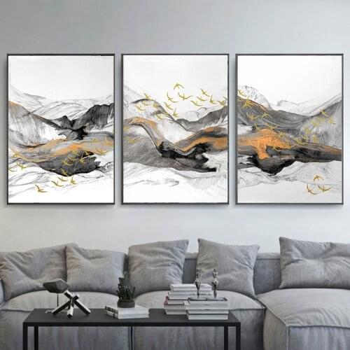 Modern Abstract Canvas Painting Poster and Print for Living Room Ink Painting Mountain Birds Home Decor Picture Wall Art Golden