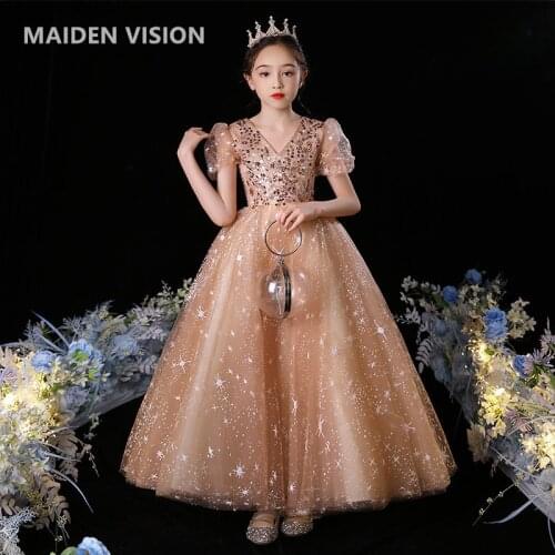 Golden sequin embroidery Teenagers Kids Girls Wedding Long Girl Dress Princess Party Pageant Formal Dress 2 4 5 6 7 8 10 12year