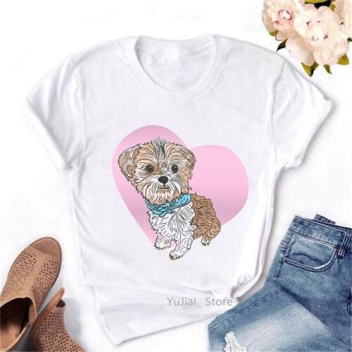 Pink Love Dog Animal Print Tshirt Women Clothes 2021 Cute Teddy T Shirt Femme Korean Style Short Sleeve T-Shirt Female Tops