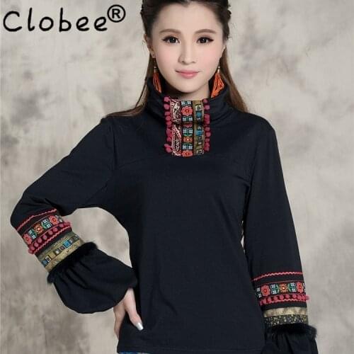 Clobee 2020 Autumn winter vintage design pullover womens ethnic embroidered turtleneck t-shirt L-3XL black t shirt top blusa