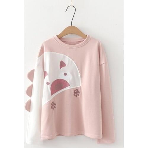 Pink Cartoon Dog Embroidery Funny Sweatshirt For Women 2020 Autumn Long Sleeve O-neck Harakuju Hoodies Sweet Style Girl Pullover