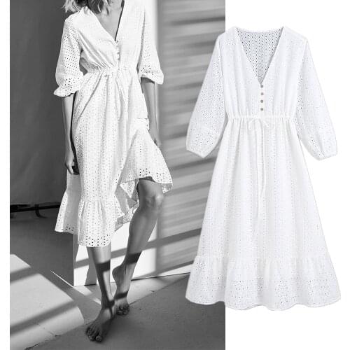 Womens White Lace Ruffles Dress Za Fashion 2021 V Neck Hollow Out Single Button A-Line Dress Female Long Sleeve Elegant Vestido