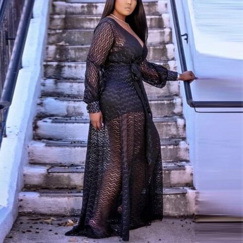 Women Sexy Transparent Long Dress Black Full Sleeve Deep v Neck Floor Length Elegant Evening Night Club Vestidos Mujer Dress Hot