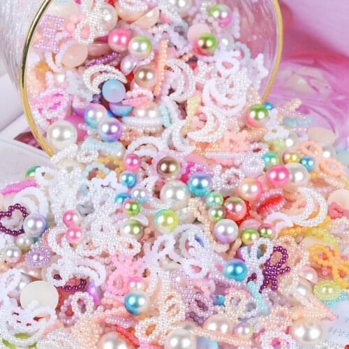50g 5-20mm Mixed Nail Art Pearl Decorations Mixed Size Half Round Flatback Pearls Bow,Moon,Love Shape Pearl Nail Accessorie 1Bag