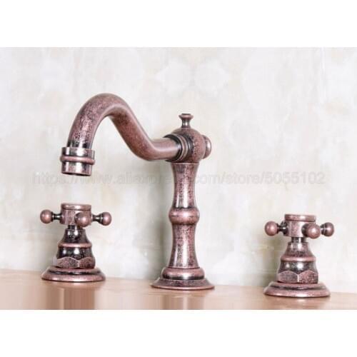 Antique Copper Widespread Bathroom Basin Faucet Dual Handle 3 Holes Basin Mixer Sink Taps Deck Mounted znf173