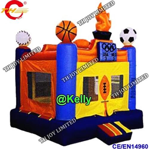 Free door shipping sport theme inflatable bounce house for sale, inflatable bouncer castles with basketball football decorations