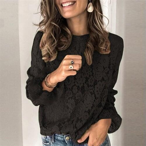 Fashion New Women Lace Hollow Blouses Ruffles Elegant Long Sleeve O-Neck Flower Black Brown Shirts Lace Patchwork Shirts Tops