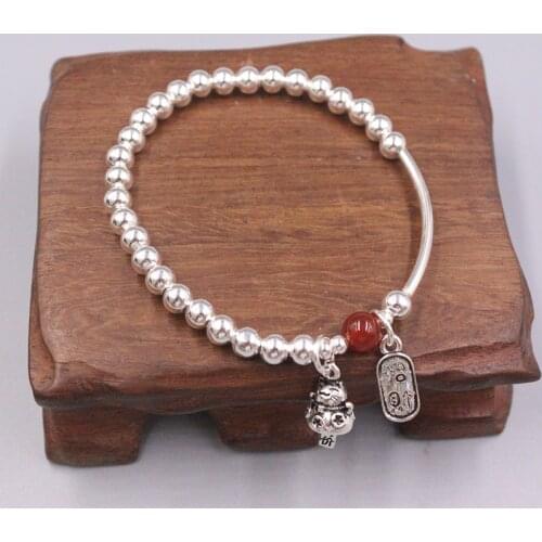 S925 Sterling Silver Bracelet Luck 5mmW Silver Beads with Money Cat Bracelet 6.7inches Gift For Women