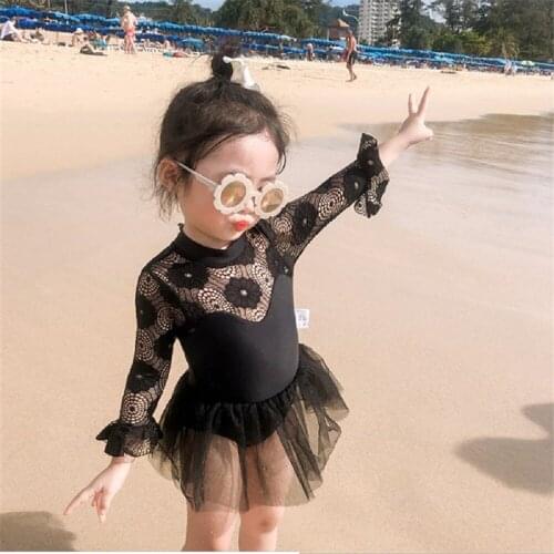 Girls Swimsuit Summer Princess Lace Black Sunscreen Long Sleeve Lace One-Piece Swimsuit Baby Jumpsuits Bathing Swimming Bikini