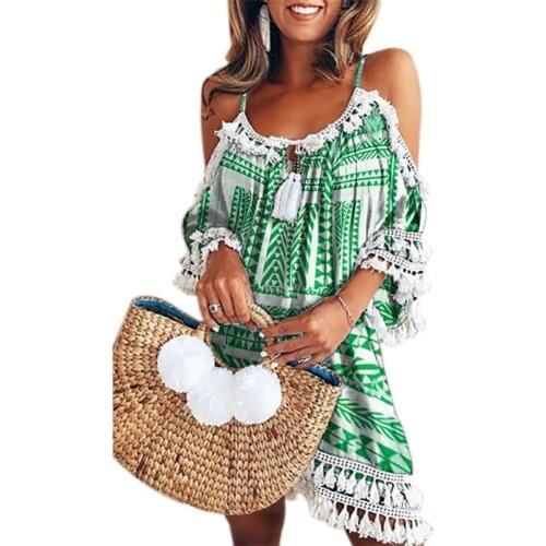 Summer Boho Holiday Dress Geometric Print Tassel Women Loose Off Shoulder Sweet Sexy Sundress Beachwear Slip Mini Dress new