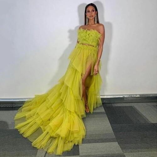 Neon Green 2 Pieces Ruffles Tiered Tulle Long Women Dresses Fashion High Side Split A-line Tulle Prom Gowns