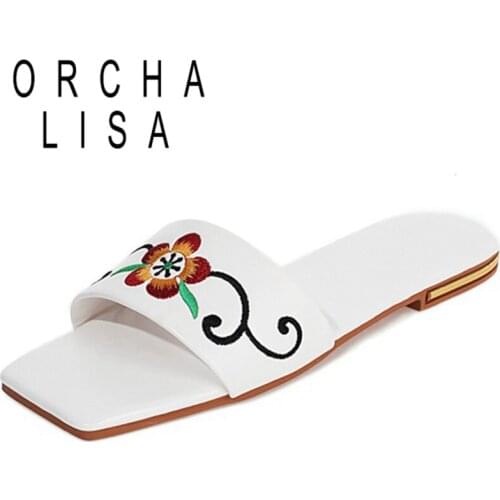 ORCHA LISA 2021 Summer Fashion Ladies Slippers Flower Sweet Embroidered Flat Heel Slide Slingback Open Toe Size 34-39 A4165